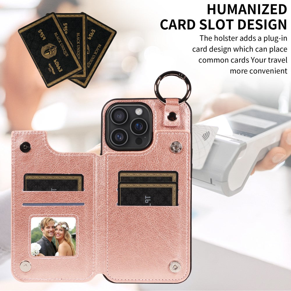 SKALO iPhone 16 Pro Max PU Leather Card Holder with Ring Case - Rose Gold Pink gold_yux