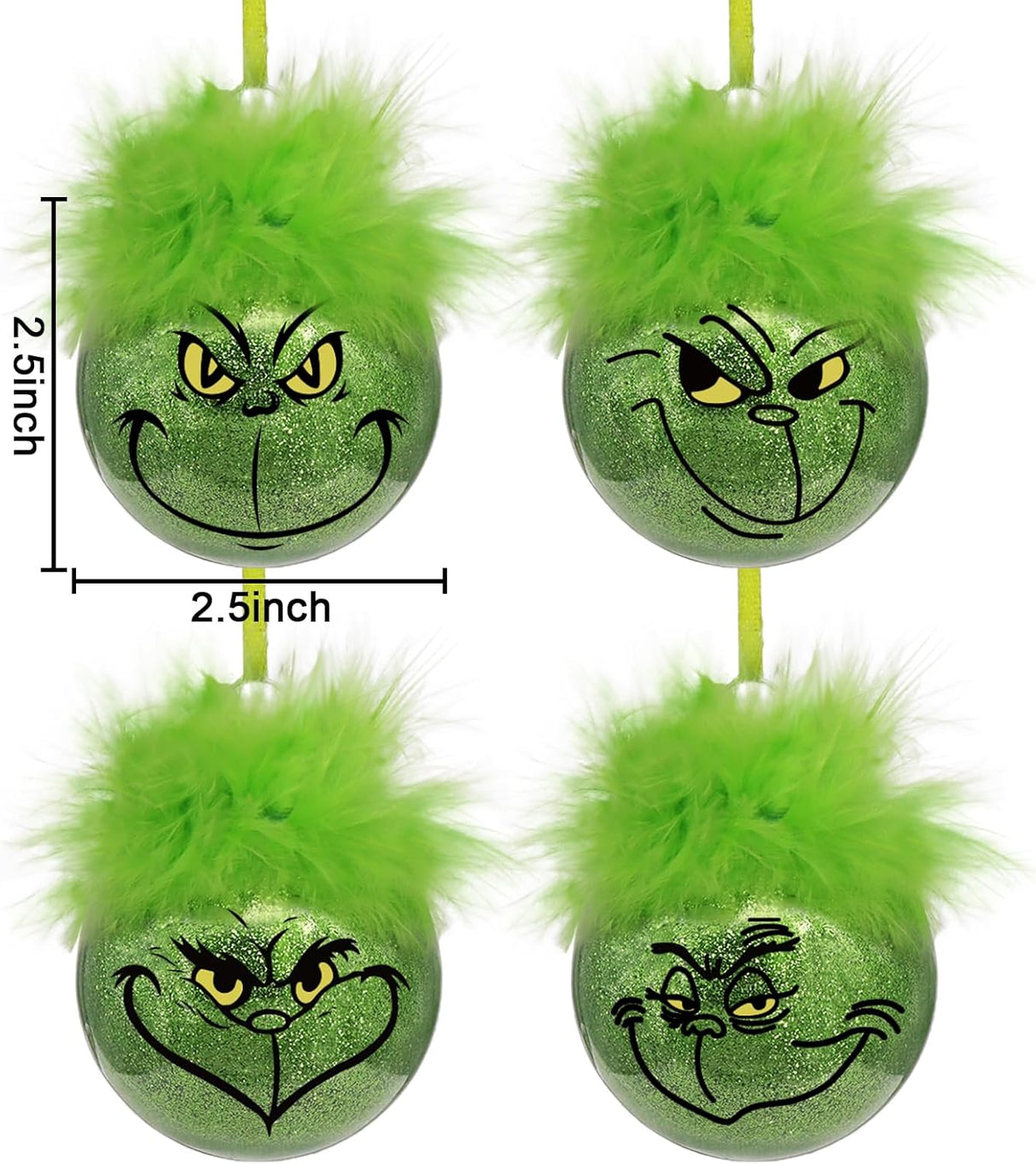 Christmas decorations for indoor use: 12 pcs cute Grinch Christmas tree baubles with fluffy green hair, glittering Grinch Christmas baubles for the Christmas tree-tfrf