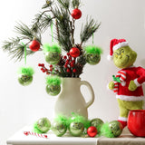Christmas decorations for indoor use: 12 pcs cute Grinch Christmas tree baubles with fluffy green hair, glittering Grinch Christmas baubles for the Christmas tree-tfrf - Top-Down View