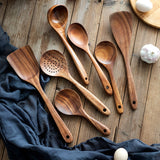 Wooden ladle set for cooking, 7 pcs wooden teak utensils, wooden kitchen utensil set, wooden kitchen utensils - Side View