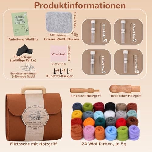 Needle Felting Set in 24 Colors - Felting Tools and Storage Bag, Large Set with Felting Wool, Needles and Felting Mat for DIY