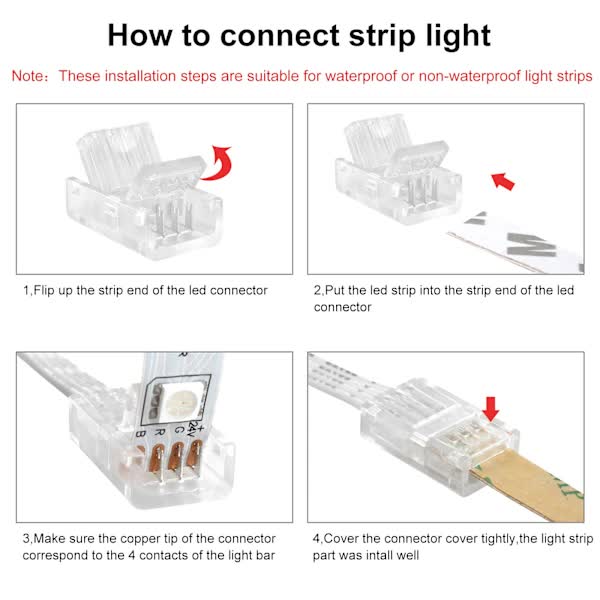 Pin 10mm RGB LED Strip Connector Kit, 5-Pack Crystal Strip Connectors with Screwdriver and 10m Cable for 10mm RGB 5050 2835 LED Strip Light