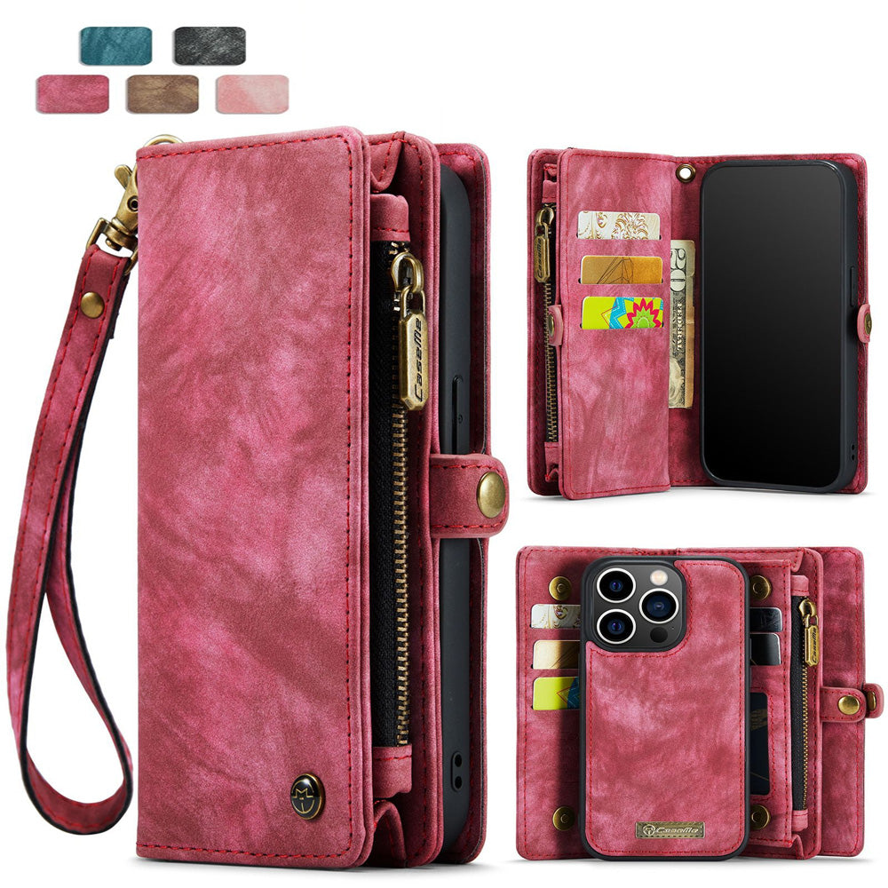 2-in-1 Detachable Wallet Case for iPhone 16 & Samsung, Retro Leather Flip Case with Card Holder & Magnetic Zipper, Dark Pink Dark Pink iPhone16 Pro Max