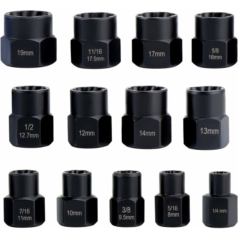 Socket wrench sets, nut extractor, socket for damaged bolts (13 pieces)