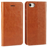 For iPhone SE (2020)/SE (2022)/8/7 4.7 inch Oil-Rimmed Crazy Horse Genuine Leather Attached Hard PC Inner Case Wallet Stand Flip Phone Case Brown