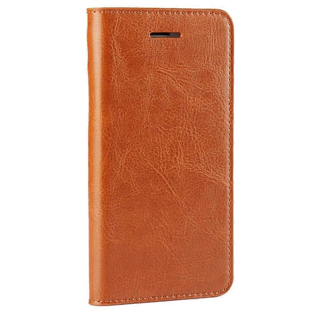 For iPhone SE (2020)/SE (2022)/8/7 4.7 inch Oil-Rimmed Crazy Horse Genuine Leather Attached Hard PC Inner Case Wallet Stand Flip Phone Case Brown