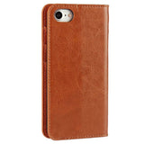 For iPhone SE (2020)/SE (2022)/8/7 4.7 inch Oil-Rimmed Crazy Horse Genuine Leather Attached Hard PC Inner Case Wallet Stand Flip Phone Case Brown