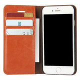 For iPhone SE (2020)/SE (2022)/8/7 4.7 inch Oil-Rimmed Crazy Horse Genuine Leather Attached Hard PC Inner Case Wallet Stand Flip Phone Case Brown - 45-Degree Angle