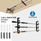 Set of fishing rod holders for garage, 6 rods - Fishing rod holders for wall and ceiling, fishing rod storage 0.46 Black - Rear View
