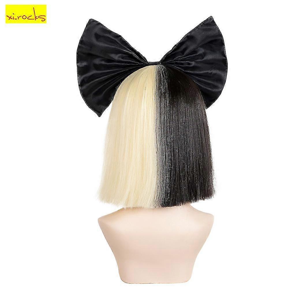 Short Ombre for Women Straight SIA Cosplay Black Blonde Bob Wigs with Bangs Synthetic Fake Hair Wig and Black Big Bow Wig and Black Bigbow 14 Inch