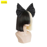 Short Ombre for Women Straight SIA Cosplay Black Blonde Bob Wigs with Bangs Synthetic Fake Hair Wig and Black Big Bow Wig and Black Bigbow 14 Inch