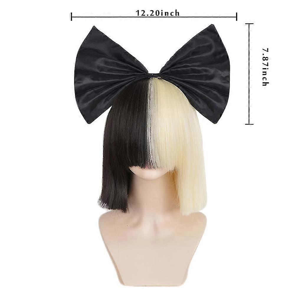 Short Ombre for Women Straight SIA Cosplay Black Blonde Bob Wigs with Bangs Synthetic Fake Hair Wig and Black Big Bow Wig and Black Bigbow 14 Inch