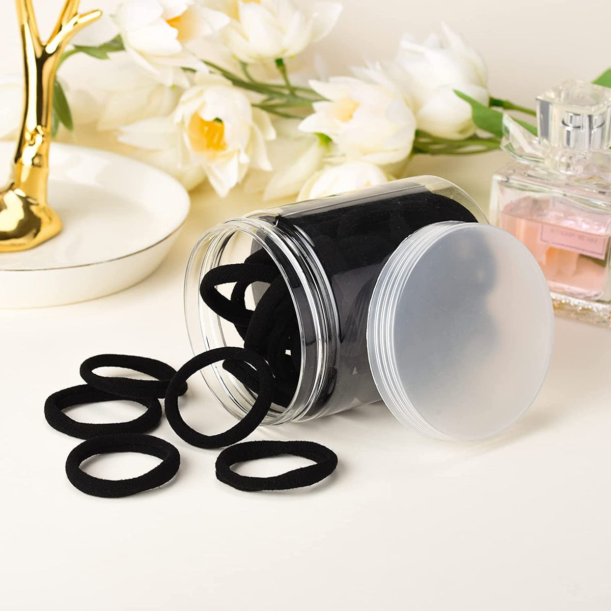 50 pcs Black Hair Ties, Seamless Cotton Ponytail Holders, Elastic Hair Bands That Don't Hurt for Thick, Heavy and Curly Hair dark