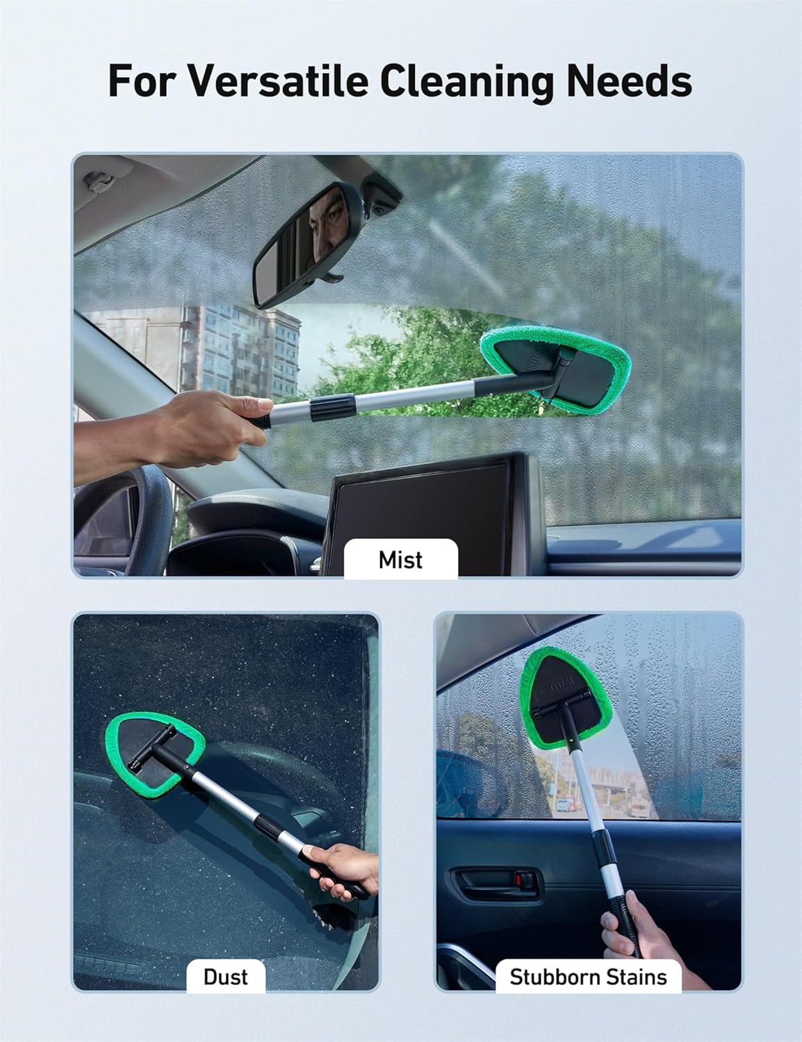 Windshield Washer, Car Windshield Cleaning Tool for Inside with 4 Reusable and Washable Microfiber Pads, Green