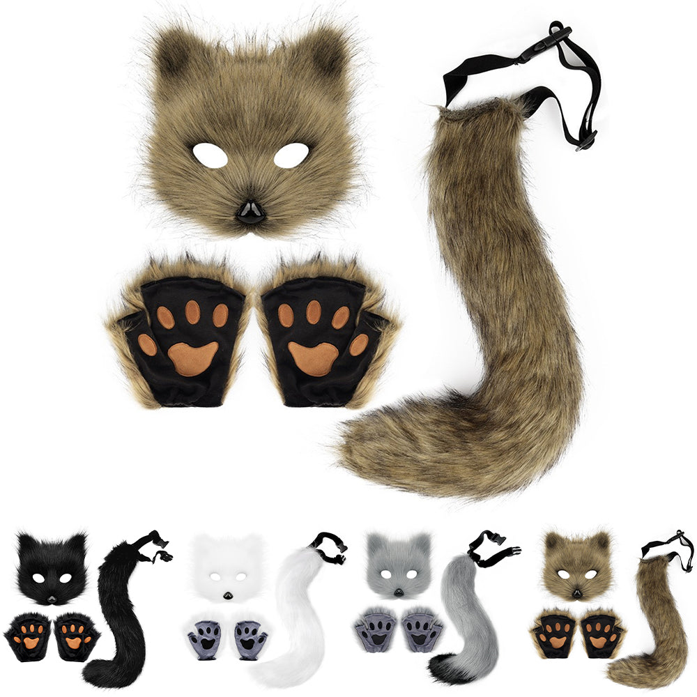 Therian Paws Fur Mask & Tail Set Girly Cat Mask Halloween Party Costume_yux White