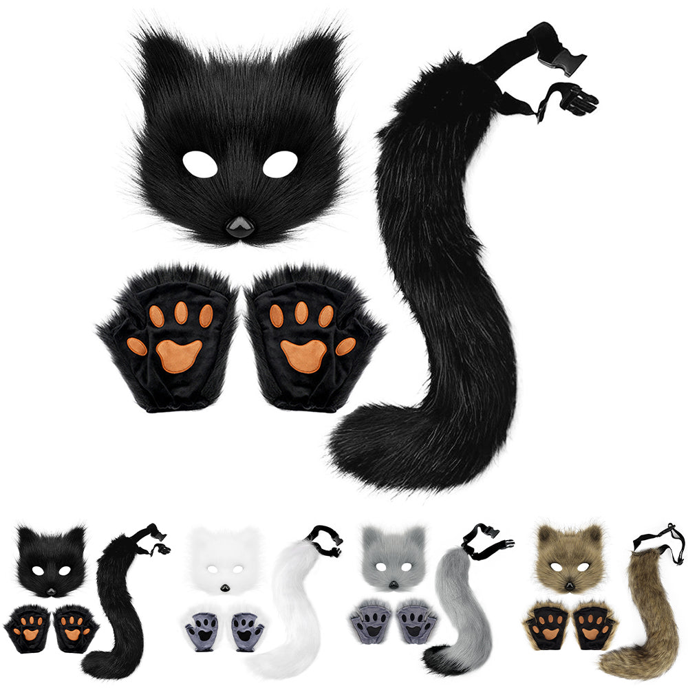 Therian Paws Fur Mask & Tail Set Girly Cat Mask Halloween Party Costume_yux White