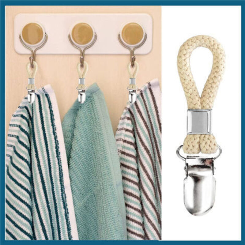 Towel Clamps 5-Pack Metal Towel Hooks for Kitchen Bathroom with Braided Cotton Holder Compatible with Dishcloths