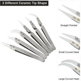6pcs Precision Ceramic Inverted Soldering Tweezers Non-conductive Antimagnetic Pointed Curved Tips - Front View