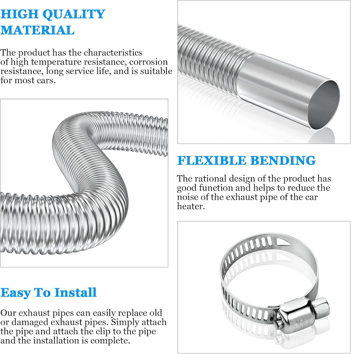 Exhaust pipe for parking heater, 60 cm stainless steel exhaust pipe car exhaust pipe with 2 stainless steel clamps for diesel heater_sai 60cm