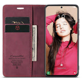 CASEME 013 Series Samsung Galaxy S21 FE Wallet Case Stand Automatic Suction PU Leather Case Red_yux Red Red - Front View
