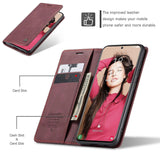 CASEME 013 Series Samsung Galaxy S21 FE Wallet Case Stand Automatic Suction PU Leather Case Red_yux Red Red - 45-Degree Angle