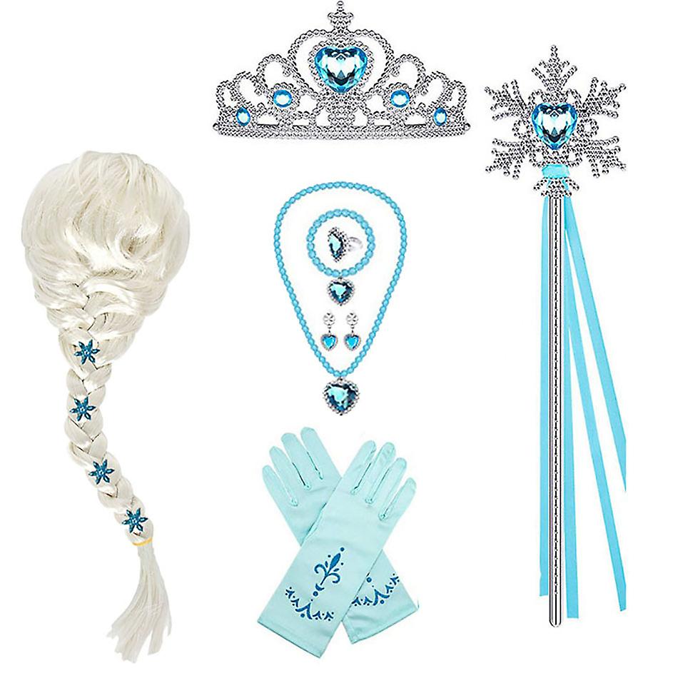 Elsa Princess Dress Clothes Cosplay Dress Up Gloves Wand Crown Jewelry Set Elsa Wig Necklace Braid