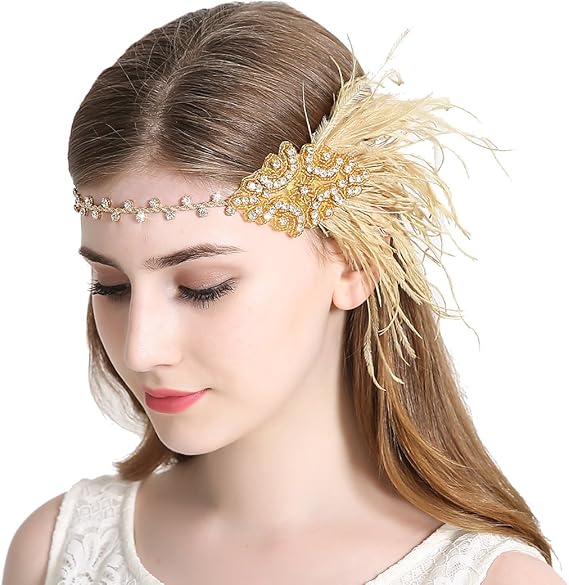 Vintage Flapper Headband 1920s Art Deco Sparkly Hairband Gatsby Feather Headpiece_yux