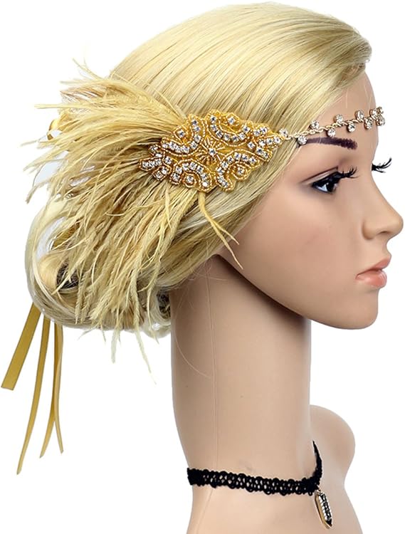 Vintage Flapper Headband 1920s Art Deco Sparkly Hairband Gatsby Feather Headpiece_yux