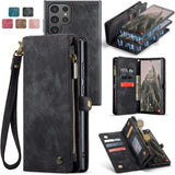 2-in-1 Detachable Wallet Case for  Samsung S25, Retro Leather Flip Case with Card Holder & Magnetic Zipper Black