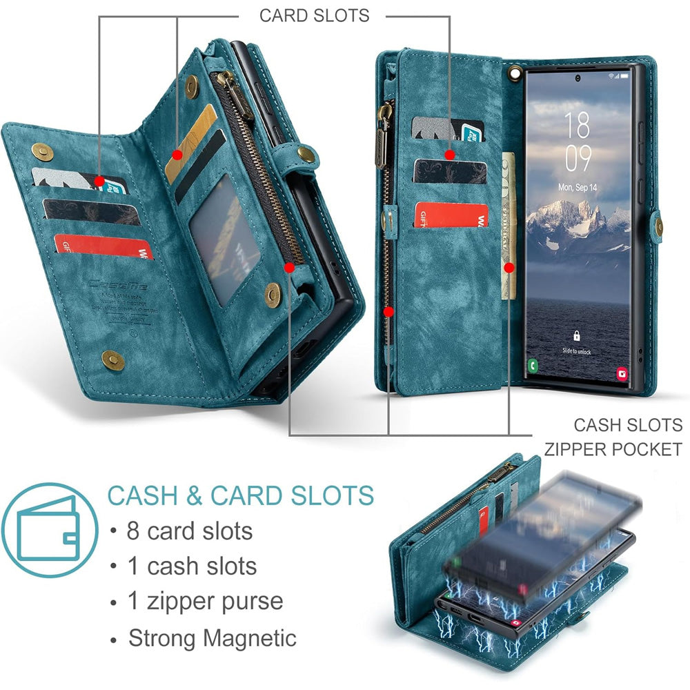 2-in-1 Detachable Wallet Case for  Samsung S25, Retro Leather Flip Case with Card Holder & Magnetic Zipper Black