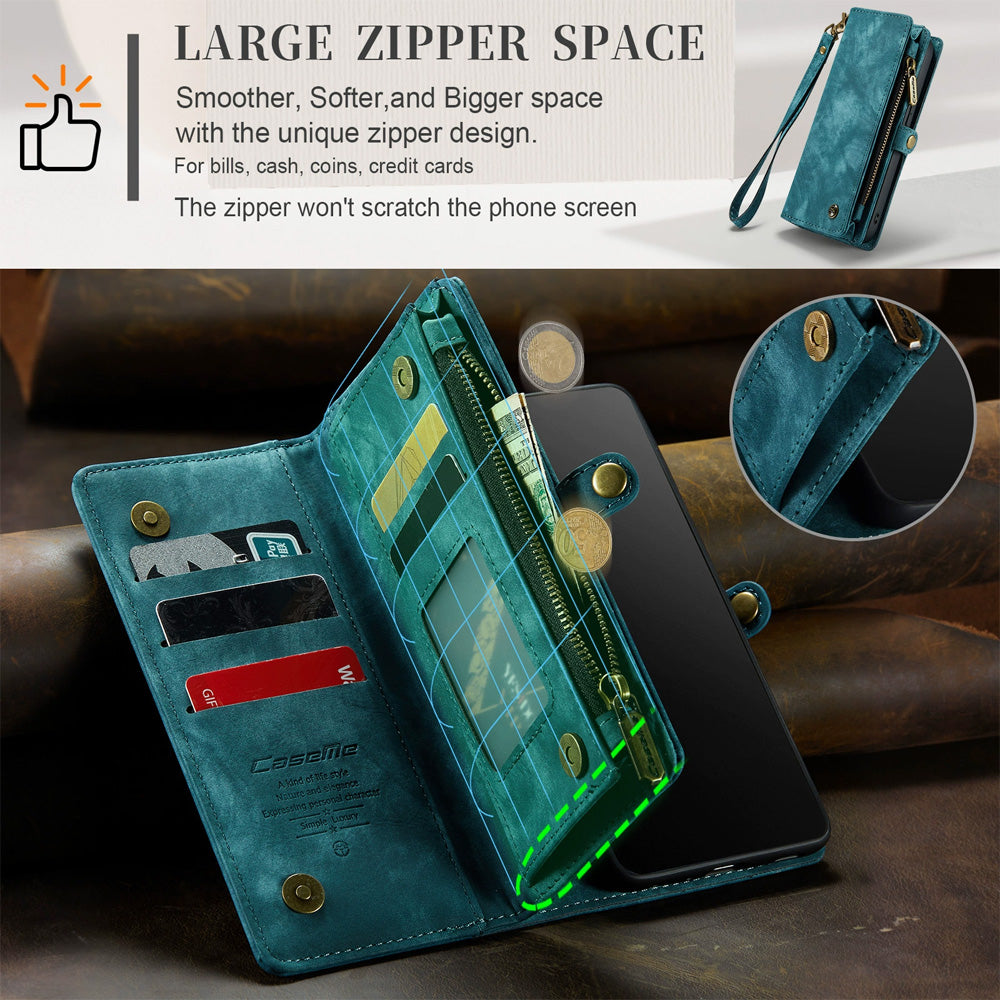 2-in-1 Detachable Wallet Case for  Samsung S25, Retro Leather Flip Case with Card Holder & Magnetic Zipper Black