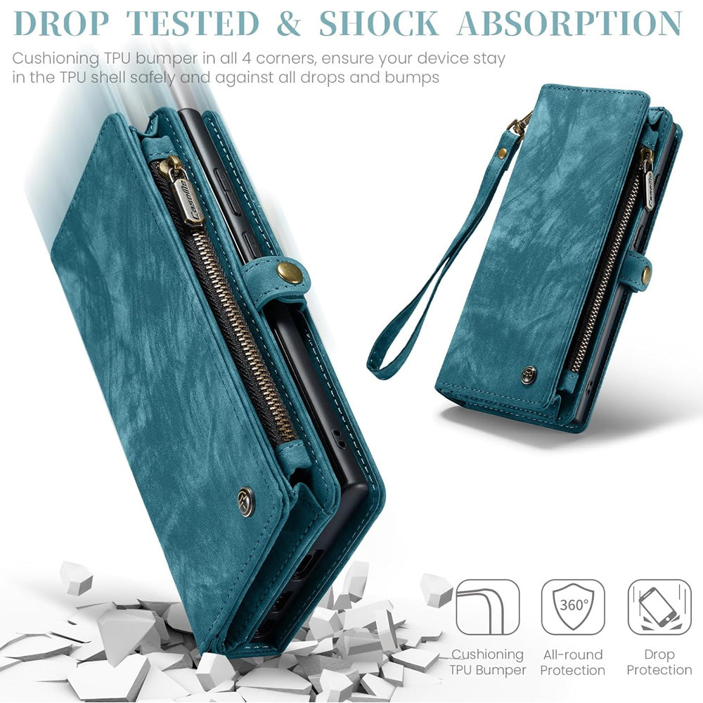 2-in-1 Detachable Wallet Case for  Samsung S25, Retro Leather Flip Case with Card Holder & Magnetic Zipper Black