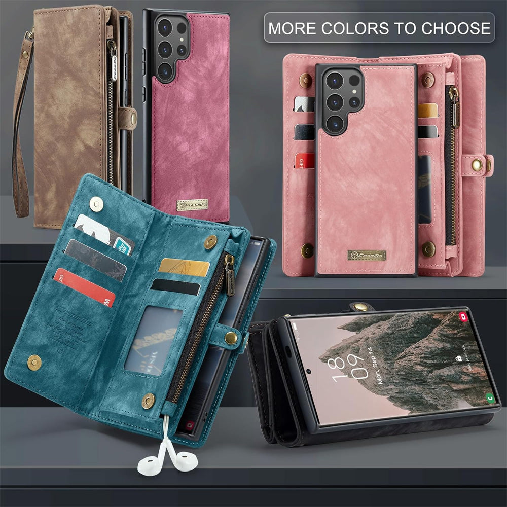 2-in-1 Detachable Wallet Case for  Samsung S25, Retro Leather Flip Case with Card Holder & Magnetic Zipper Black