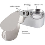 Jewelers Loupe 40X Magnification Metal Foldable Loupe with LED & UV Light - Side View