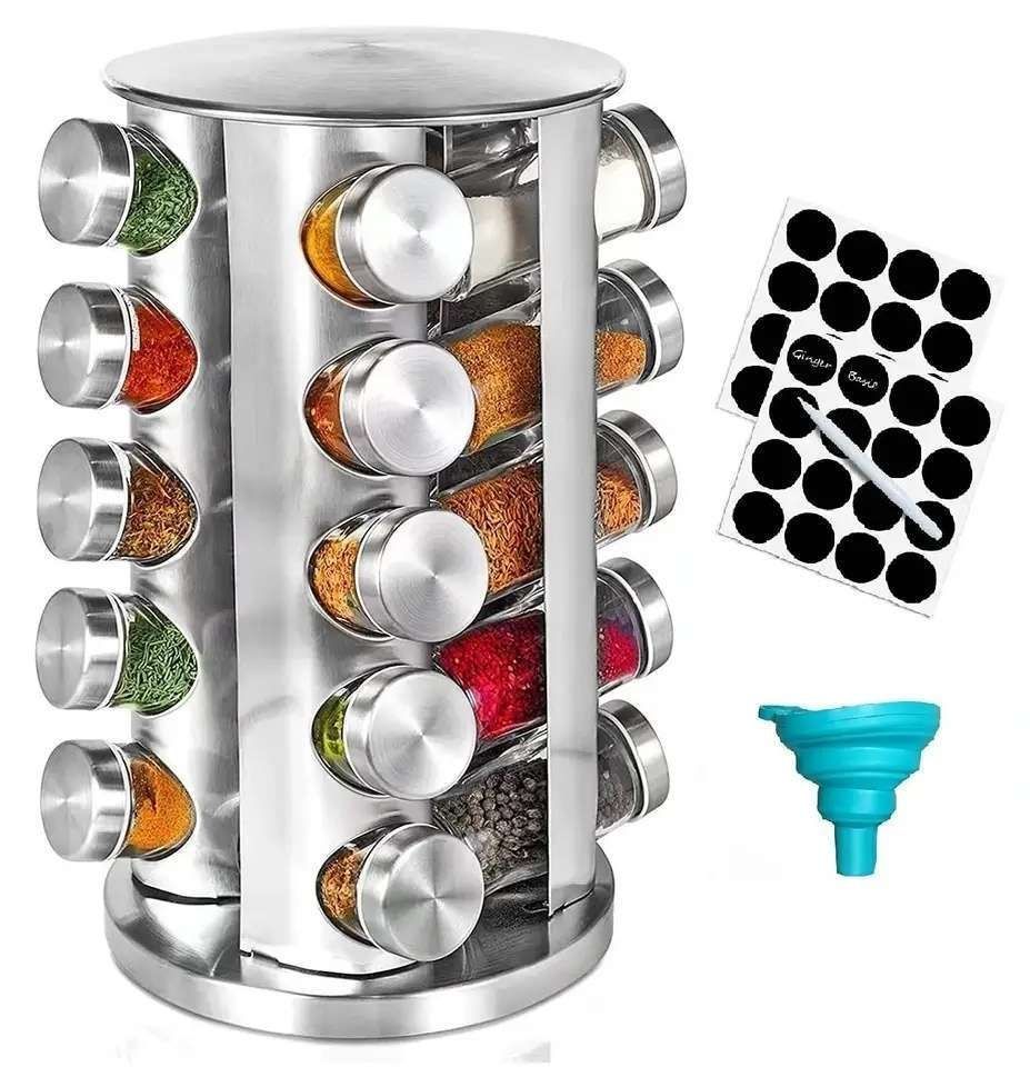 20 Glass Jars with Labels, Transparent, Rotating Spice Tower
