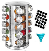 20 Glass Jars with Labels, Transparent, Rotating Spice Tower