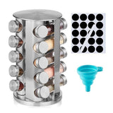 20 Glass Jars with Labels, Transparent, Rotating Spice Tower - Low Angle