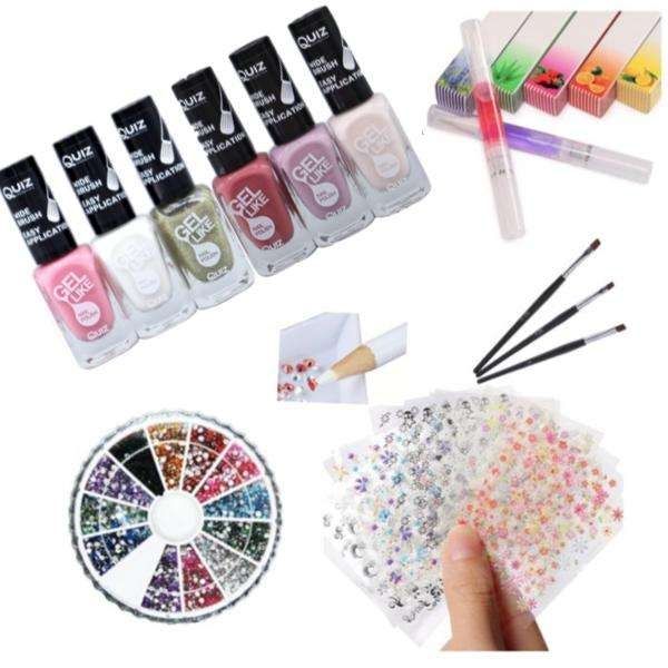 Nail kit with polish, rhinestones, and stickers, MultiColor decoration kit