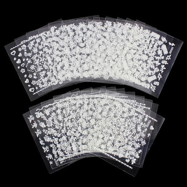 White nail decorations flowers stickers, 10 sheets