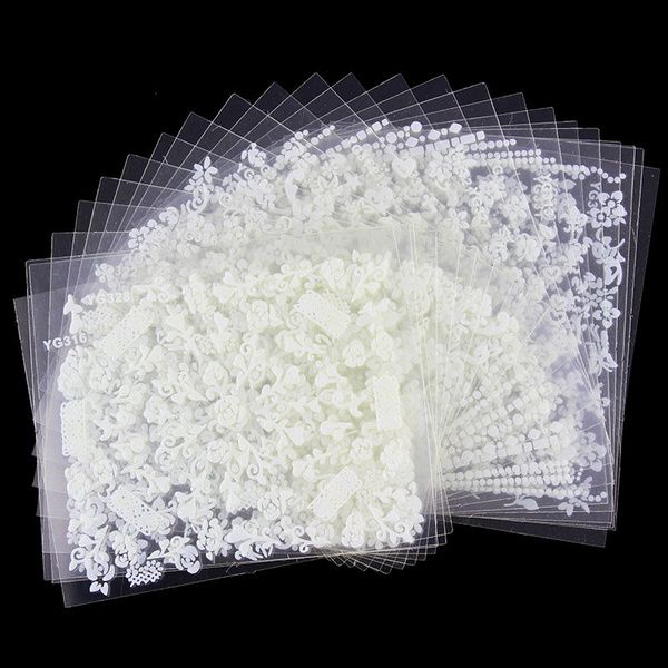 White nail decorations flowers stickers, 10 sheets