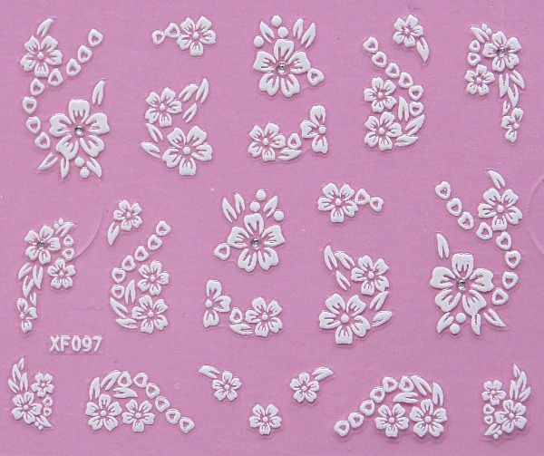 White nail decorations flowers stickers, 10 sheets