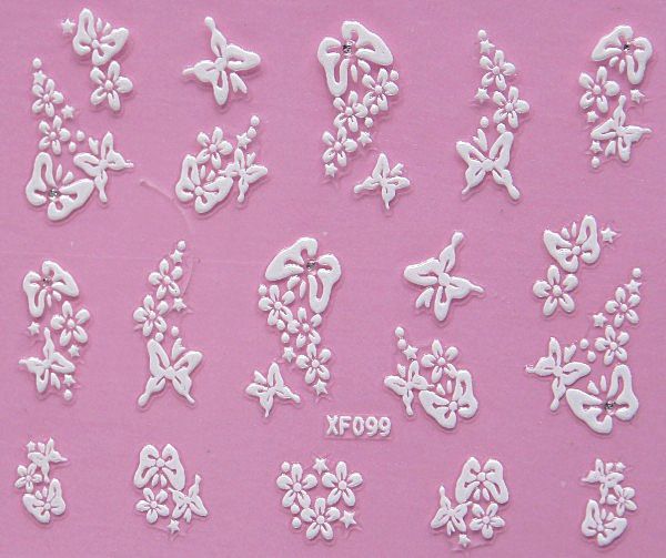 White nail decorations flowers stickers, 10 sheets