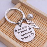 Sisters by Heart Keychain Stainless Steel Vintage Silver