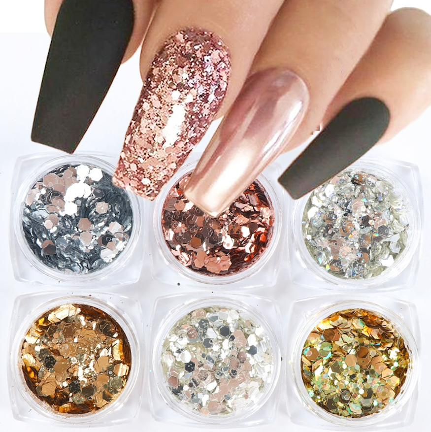6pcs multi-color nail glitter decorations