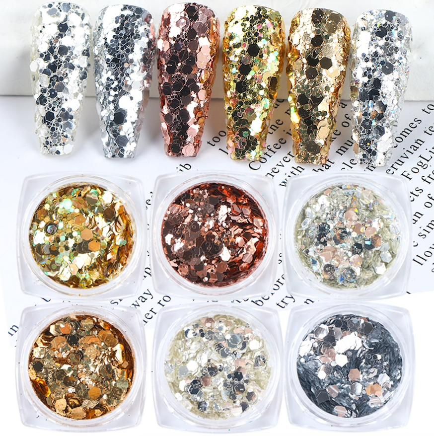 6pcs multi-color nail glitter decorations