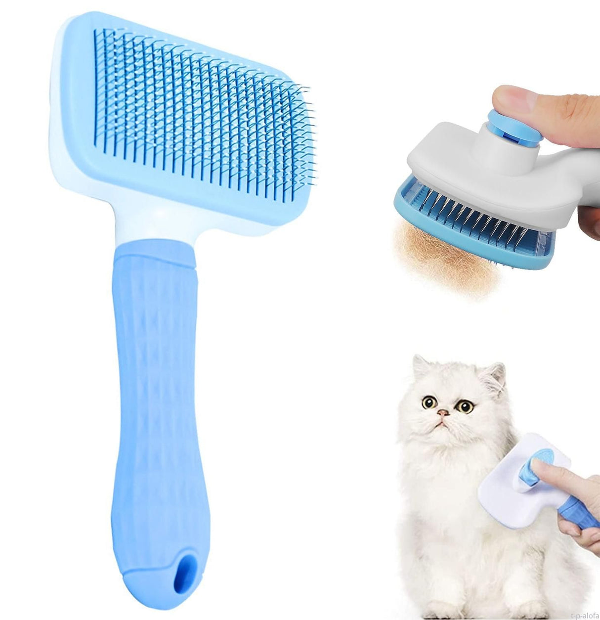 Self-cleaning pet brush, blue, for cats and dogs