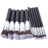 10pcs Professional Makeup Brushes Set, Silver Black - Front View