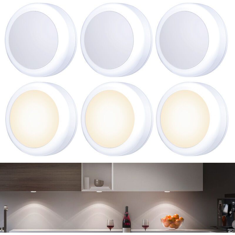 6 Pack Battery Operated Touch LED Spotlights Warm White for Cabinet Wardrobe Kitchen Furniture