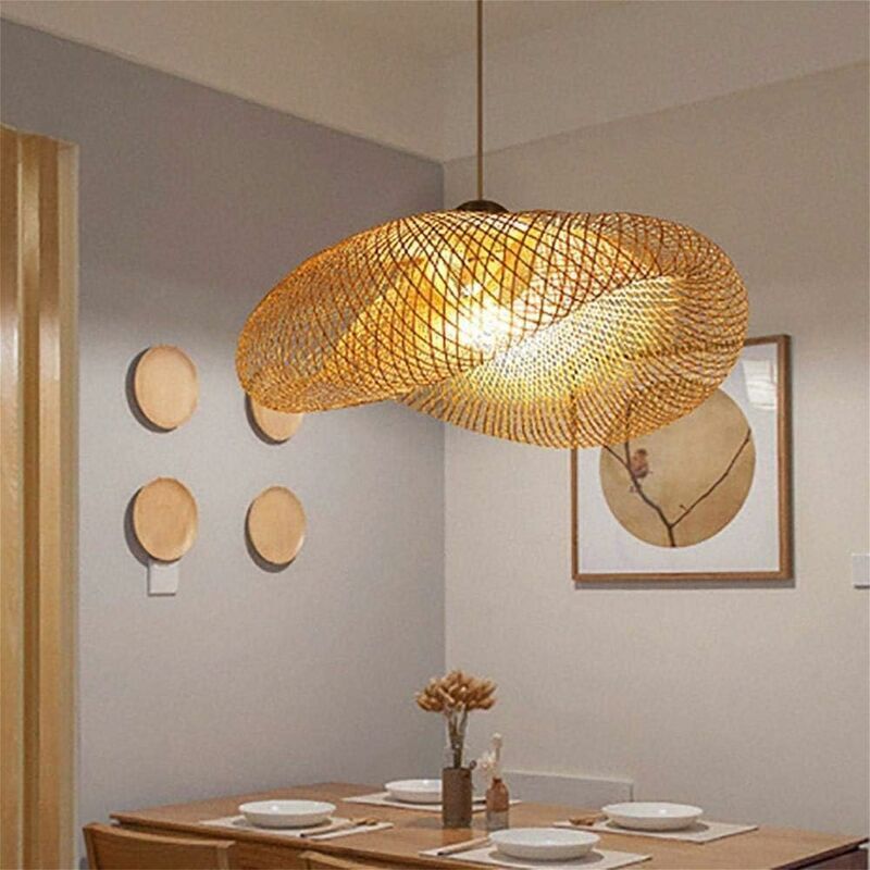 E27 Bamboo Rattan Pendant Light Vintage Adjustable Woven Chandelier for Dining Office Cafe, 40cm