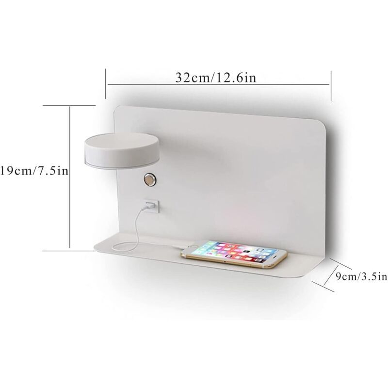 Right Side Adjustable LED Wall Light 12W with USB Charging Switch and 3 Color Temperatures, 330 Degree Rotation
